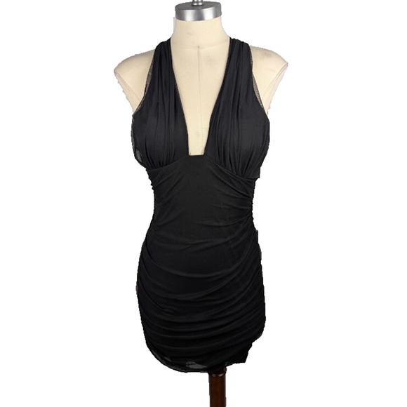 B Darlin Womens Mesh Ruched Halter Dress Black Bodycon‎ Size L - Picture 1 of 5